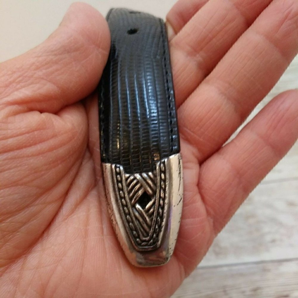 BRIGHTON BLACK REPTILE exotic printed Leather Belt SILVER Buckle M - Picture 8 of 11
